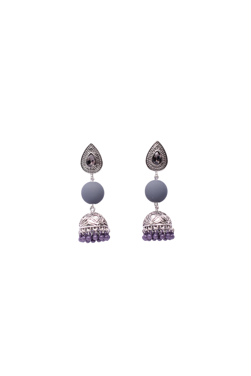 Namokriti Vintage Oxidized Silver Teardrop Bell-Shaped Jhumkas with Grey Bead Accents